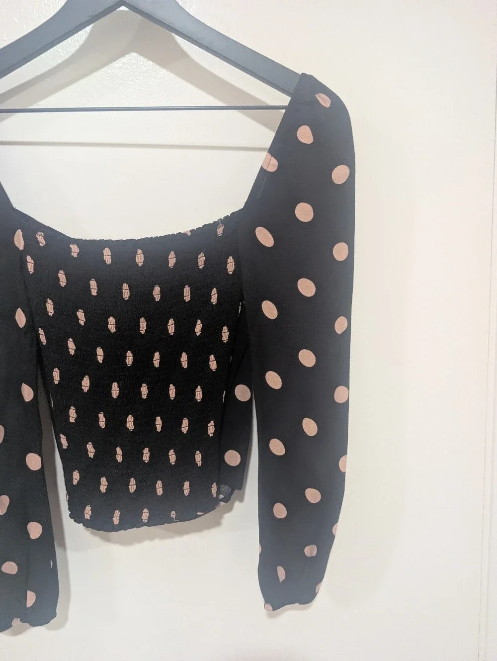 Reformation Black And Pink Polka Dot Smocked Top